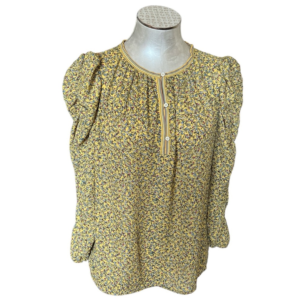 Max Studio Yellow Floral Puff Sleeve Blouse Ruched Gathered Boho Top Medium
